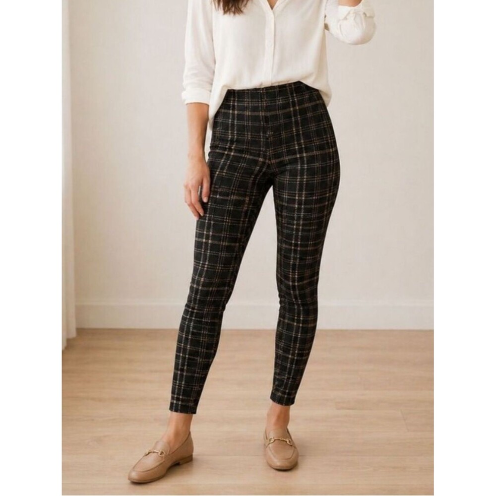 LOFT Black Tan White Leggings Pants Women's Size XS Plaid Metallic Thread Preppy